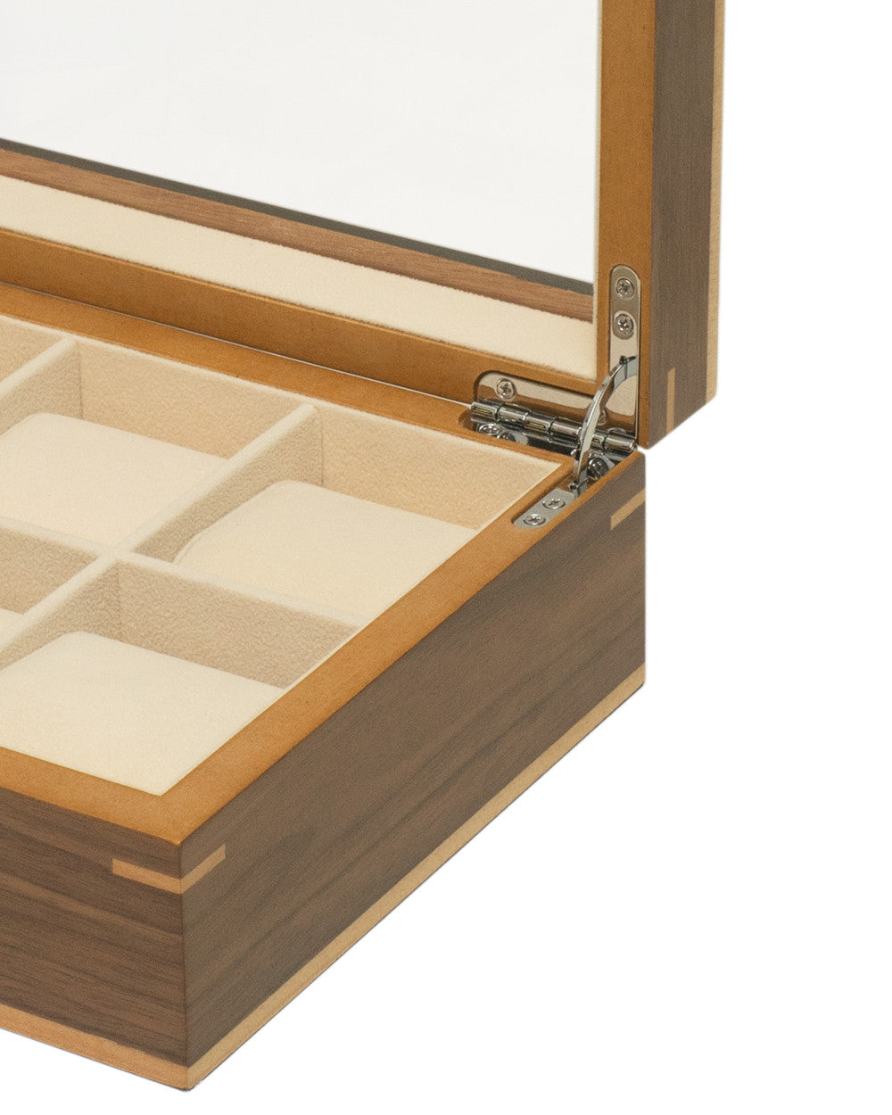 Clipperton 6 watch box in brown wood with glass lid