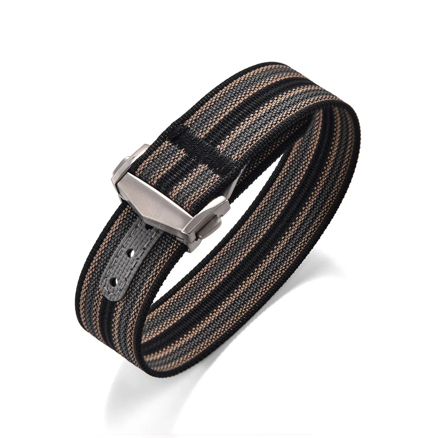 KronoKeeper ribbed nato strap with deployant buckle - Black/Khaki/Grey - NATO nylon watch strap
