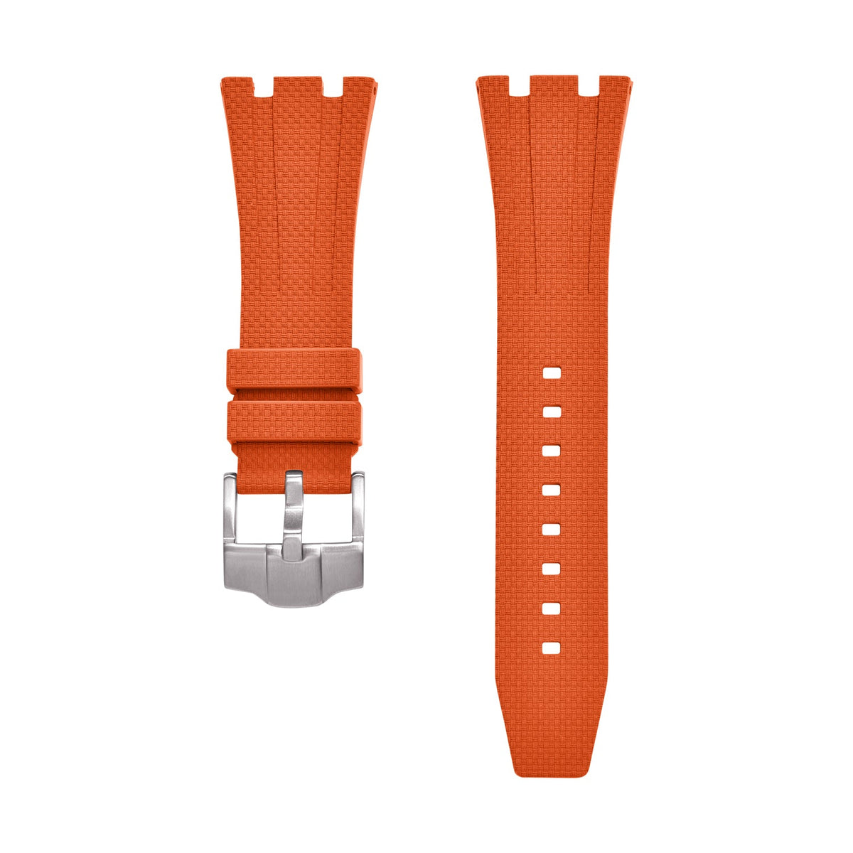 Rubber strap and case for AP x Swatch Orange KronoKeeper – strap laid flat, both ends