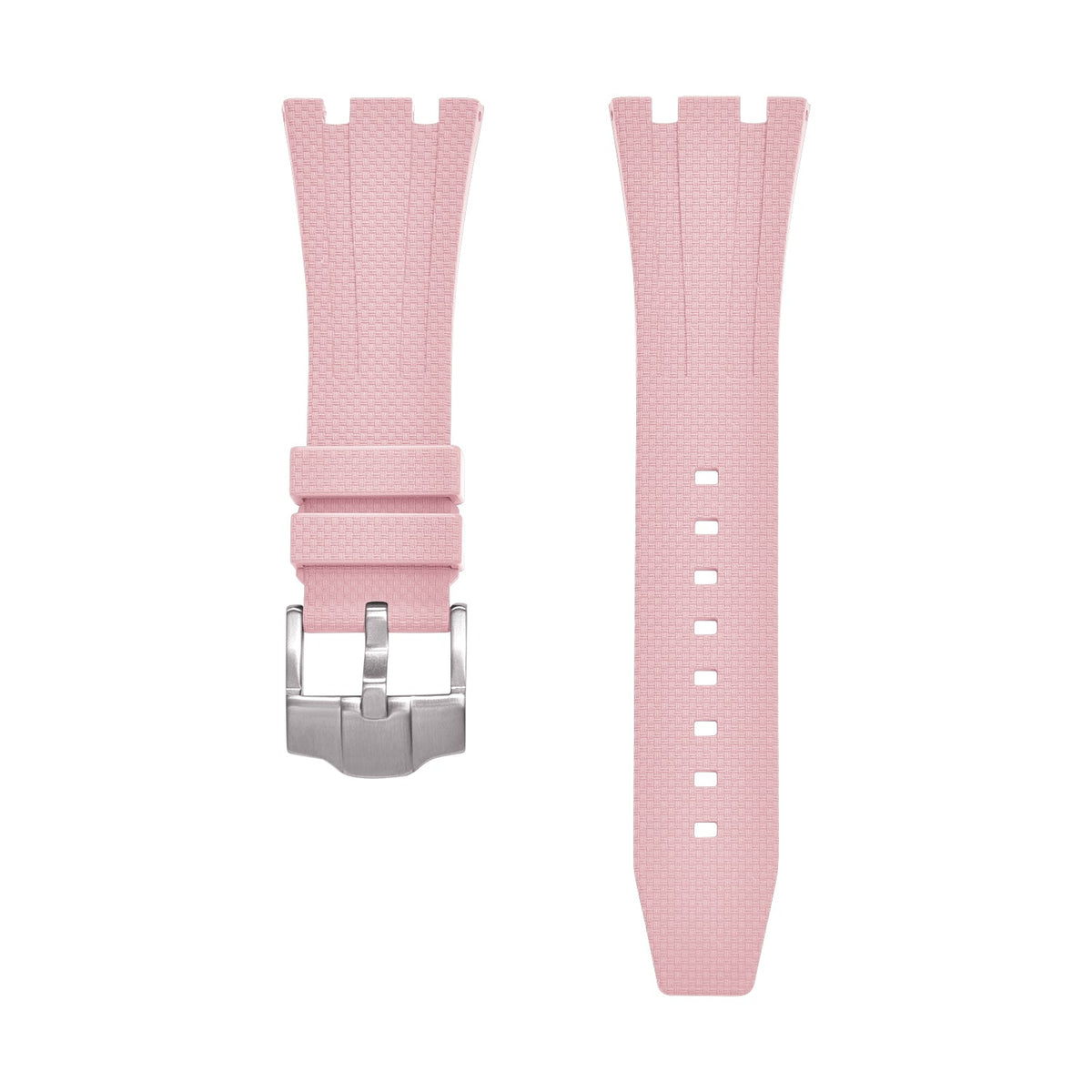 Rubber strap and case for AP x Swatch Pink KronoKeeper – strap laid flat, both ends