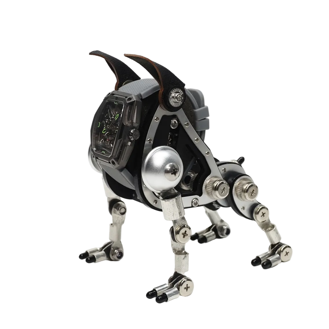 Drex robot dog watch stand by Robotoys in articulated metal, main view