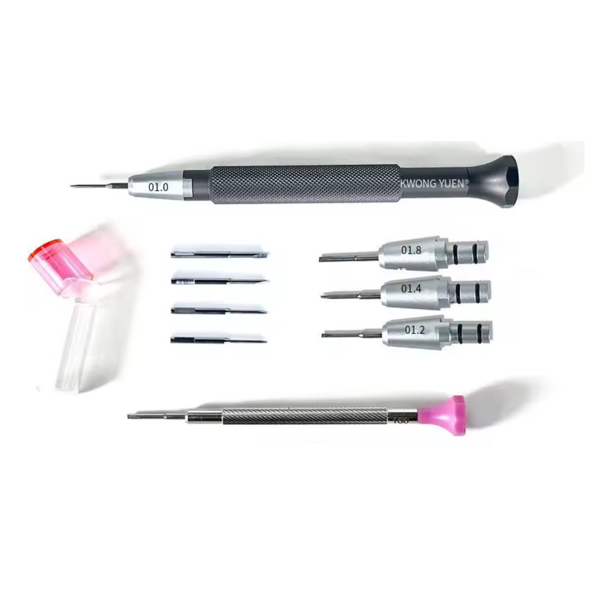Screwdriver set contents: knurled handle, 1.2, 1.4 and 1.8 mm tips, spare blades and 1.6 mm screwdriver